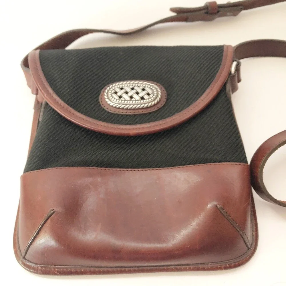 BRIGHTON Brown Leather Woven Fabric Shoulder Crossbody Handbag Satch…